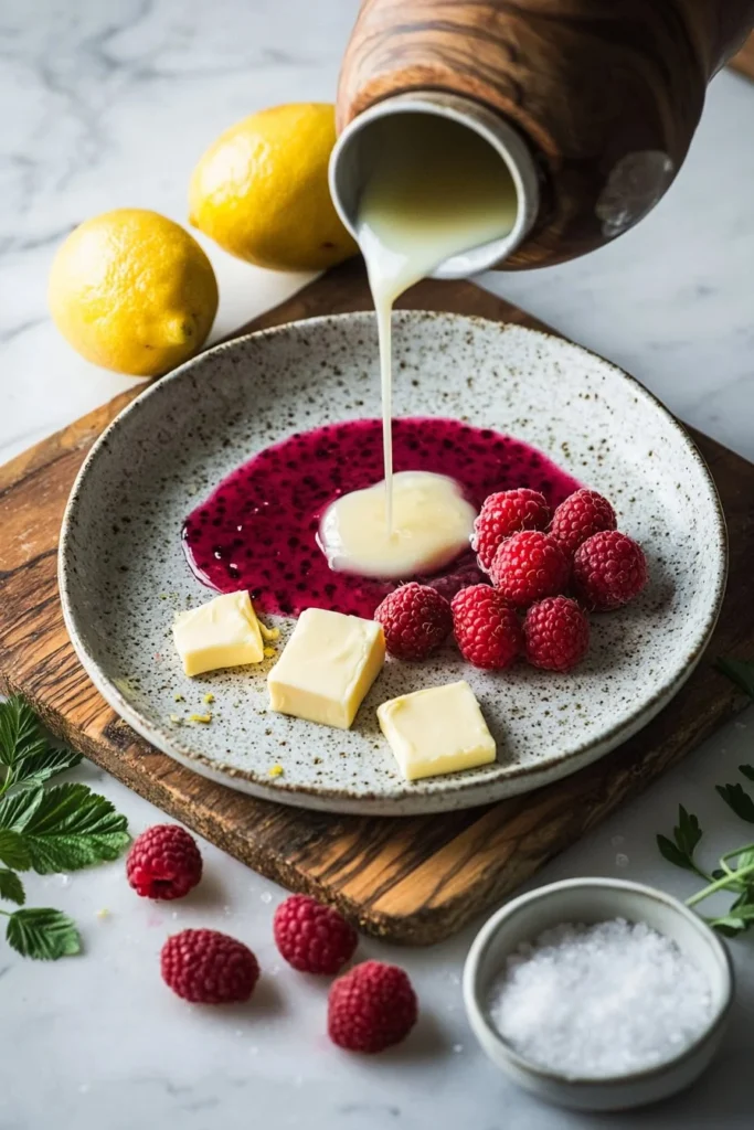 Homemade fresh raspberry curd in a jar with raspberries on a wooden table.