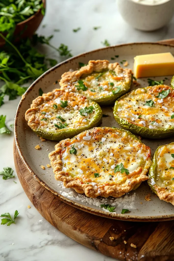 Fried Green Tomato Tart topped with herbs and cheese, beautifully plated.