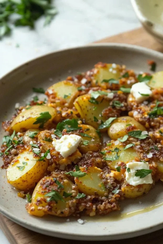 A hearty dish of Frika, a potato and cheese hash, topped with fresh herbs.