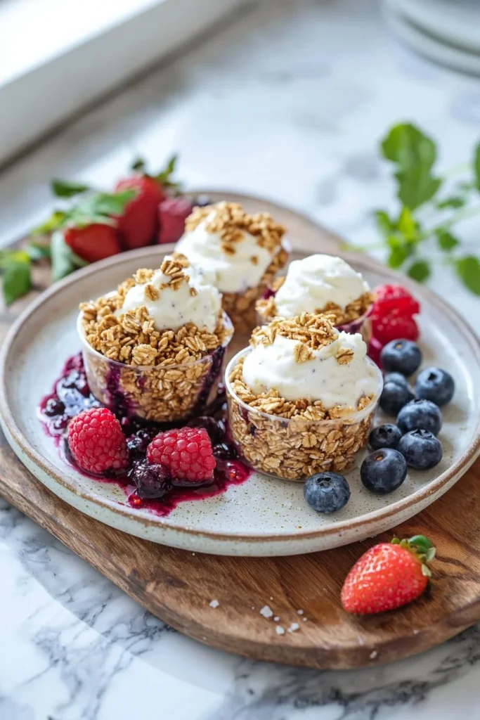 Frozen Yogurt Granola Cups topped with fresh berries and granola
