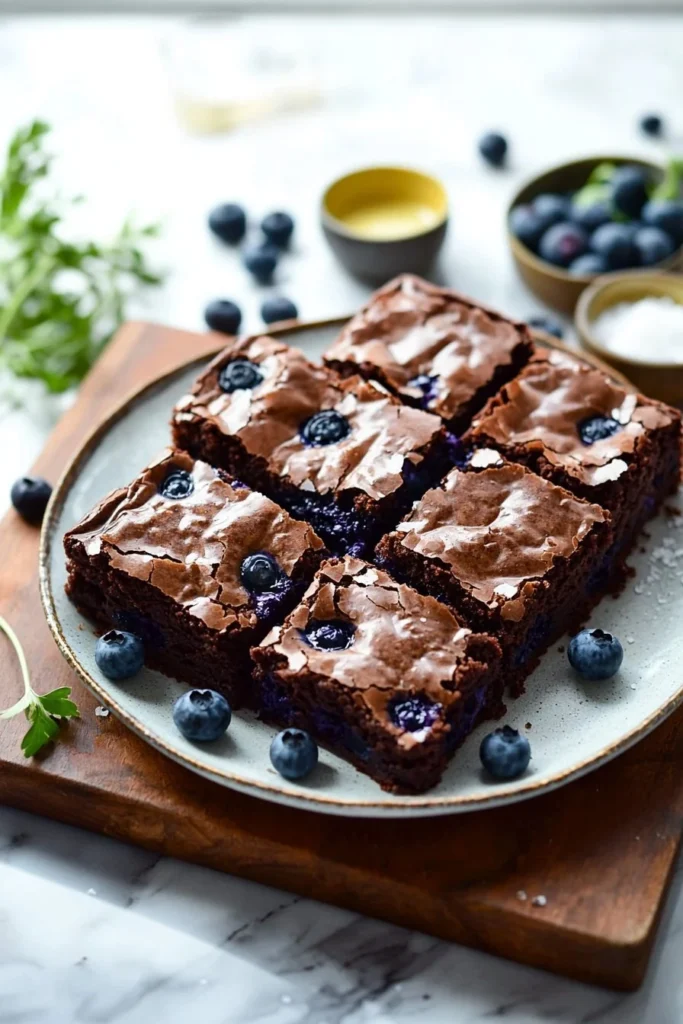 Fudgy brownie topped with fresh blueberries and rich chocolate