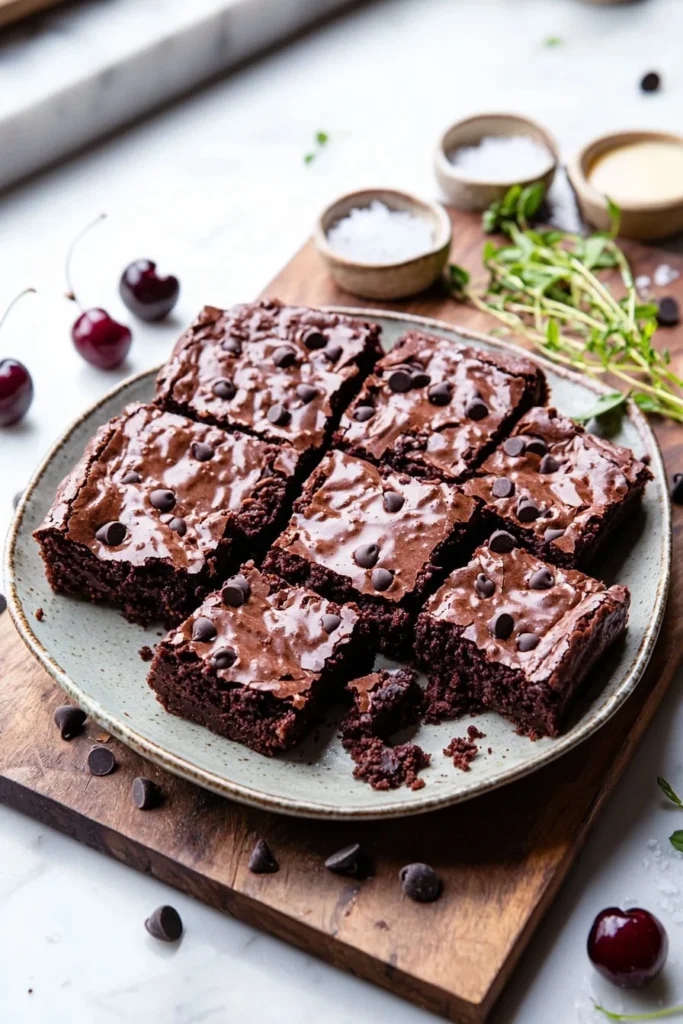 Fudgy chocolate cherry brownies topped with cherries and chocolate drizzle.