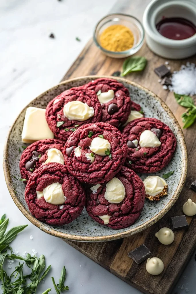 Fudgy red velvet cookies with cream cheese frosting on a plate