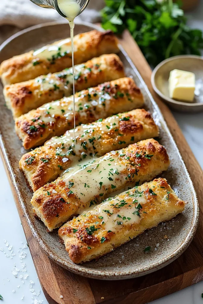 Golden garlic breadsticks drizzled with buttery glaze