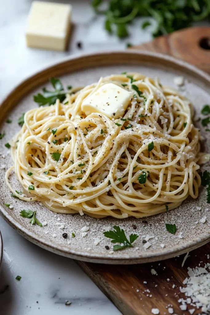 Delicious garlic butter noodles garnished with herbs in a bowl