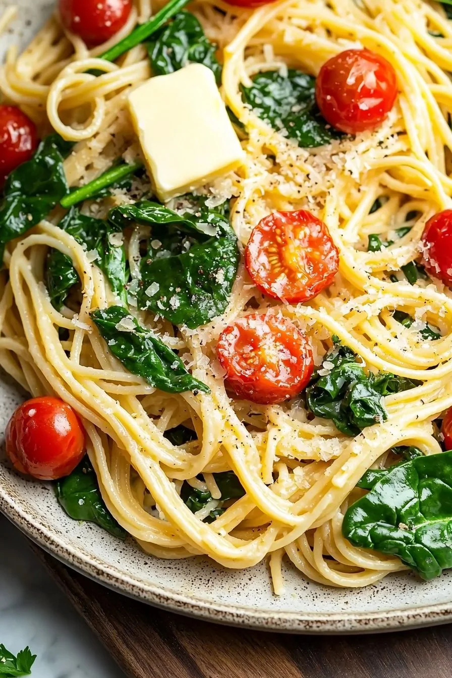 Garlic Butter Pasta with Spinach and Tomatoes