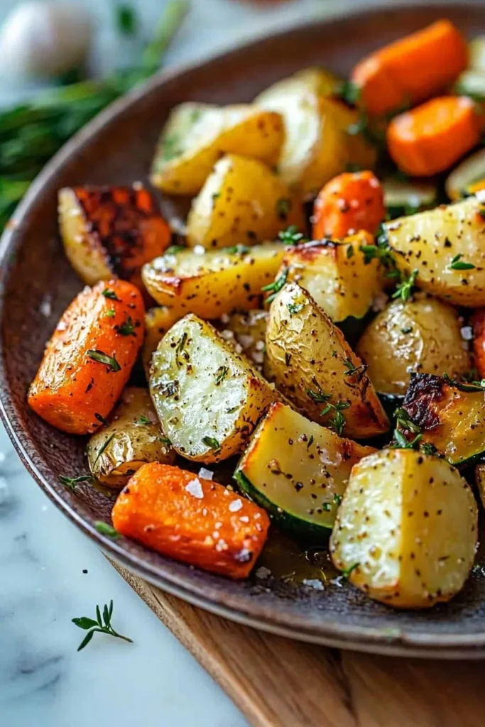 Garlic herb roasted potatoes, carrots, and zucchini in a serving dish.