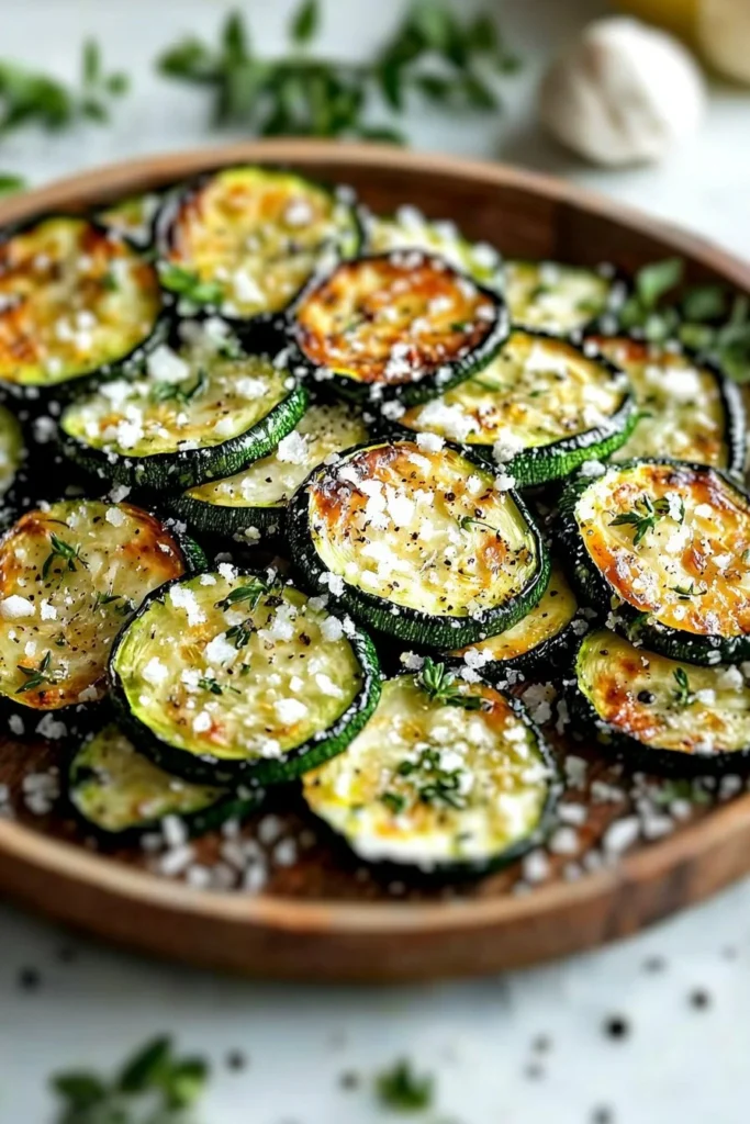 Garlic Parmesan roasted zucchini on a plate, garnished with herbs