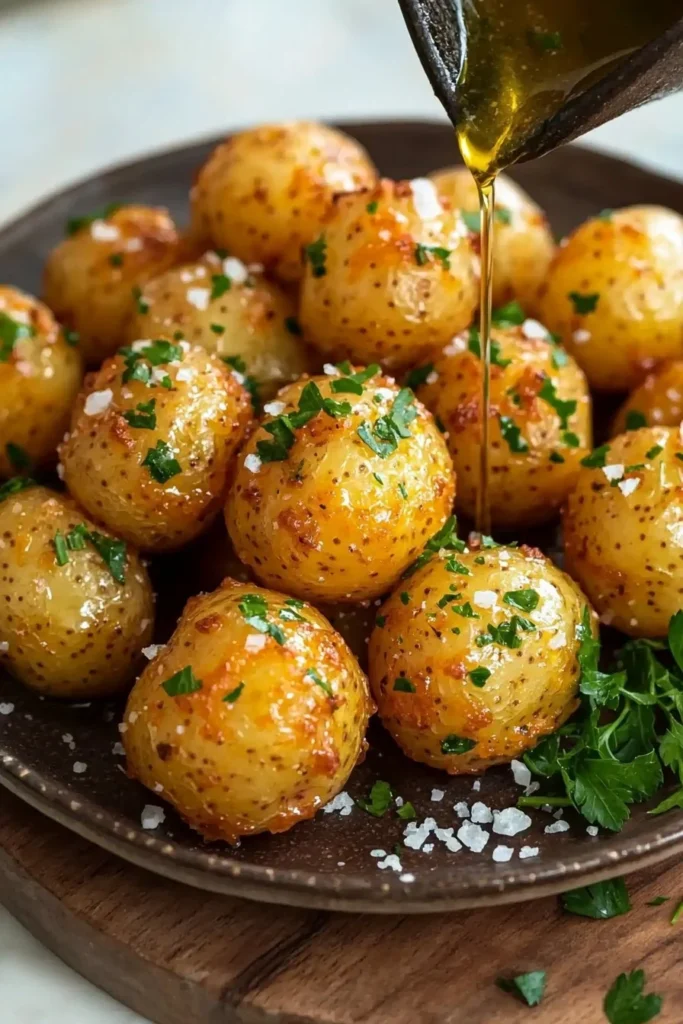 Crispy garlic potato pops on a platter, garnished with herbs.