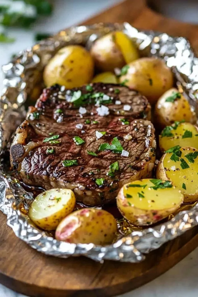 Garlic Steak and Potato Foil Pack ready to be grilled.