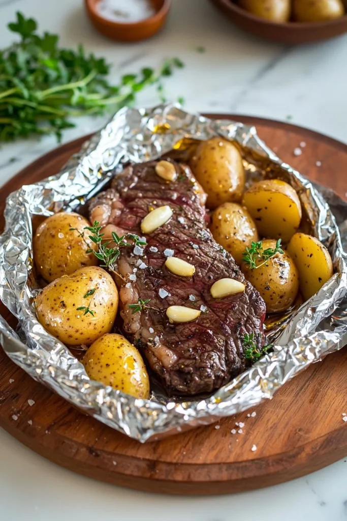 Garlic steak and potato foil packs ready to grill for a flavorful meal