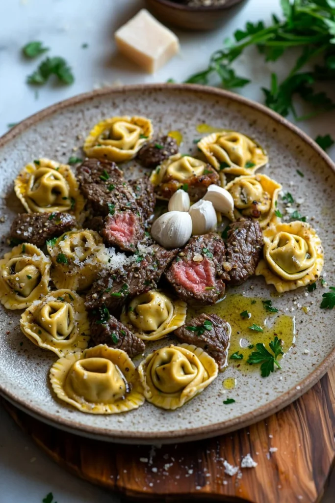 Delicious Garlic Steak Tortellini dish served in a white bowl