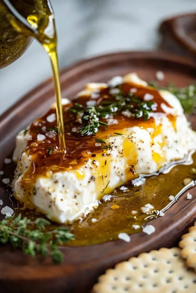 Delicious goat cheese appetizer served on a platter with herbs and crackers.