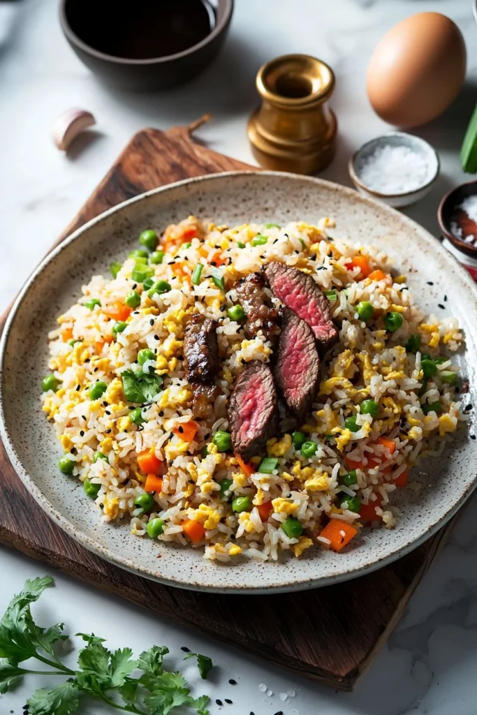 Golden Steak Fried Rice dish with tender pieces of steak and colorful vegetables