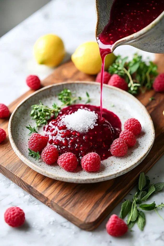 Delicious gourmet raspberry coulis served on a dessert plate.
