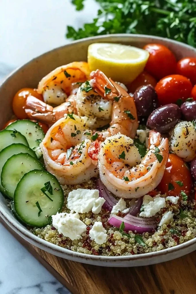 Greek Shrimp Mediterranean Bowl filled with fresh ingredients