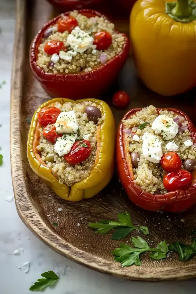 Greek stuffed peppers filled with feta cheese and herbs