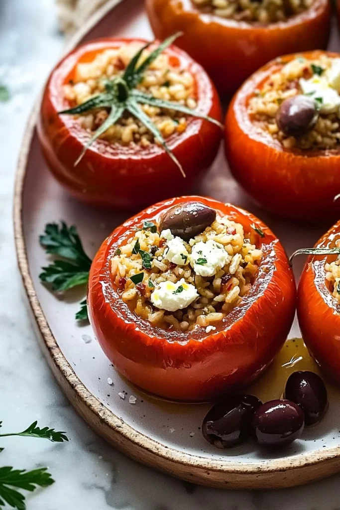 Greek stuffed tomatoes filled with rice and herbs on a plate