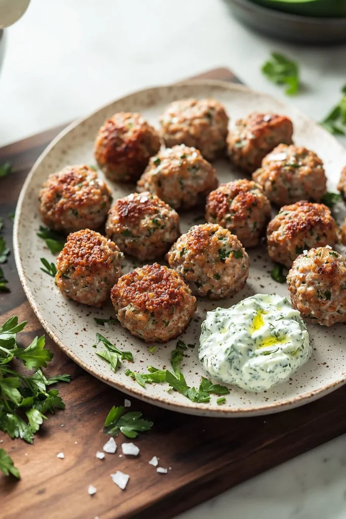 Plate of Greek Turkey Meatballs served with tzatziki sauce