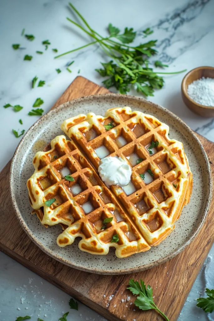 Plate of fluffy Greek Yogurt Waffles topped with fresh fruit and syrup