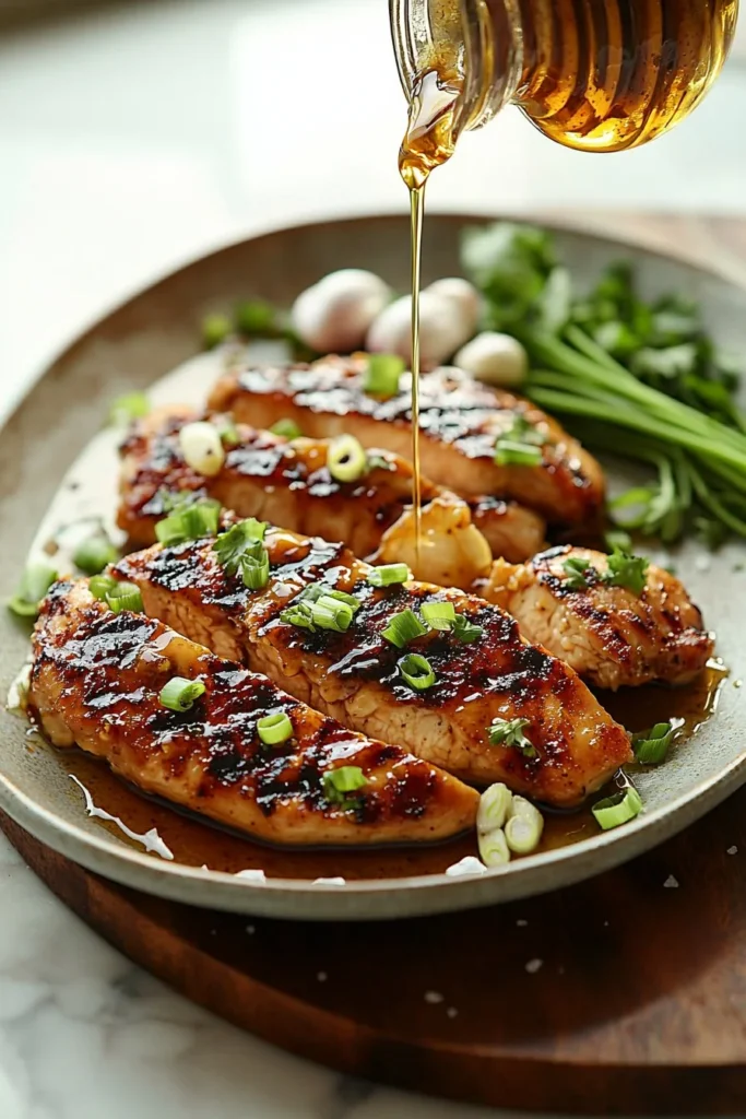 Delicious griddle-seared honey garlic chicken served with vegetables.
