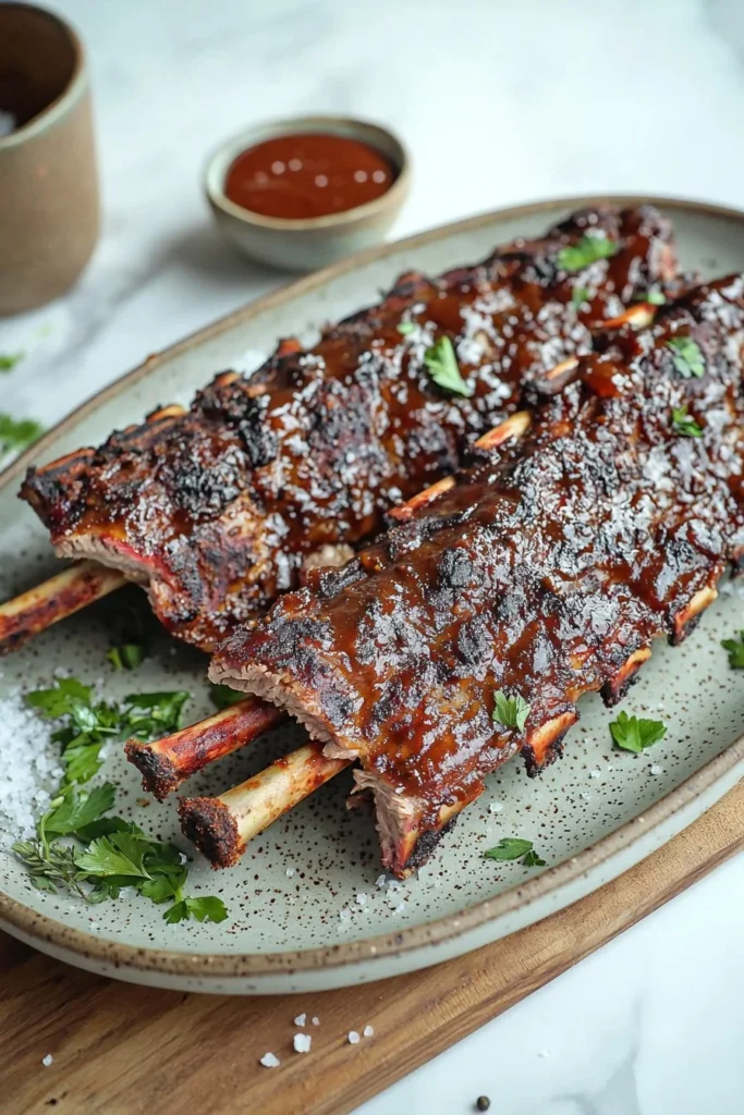 Delicious grilled beef ribs on a barbecue grill, ready to be served.