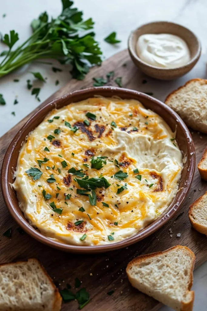 Delicious grilled cheese dip served with crispy snacks
