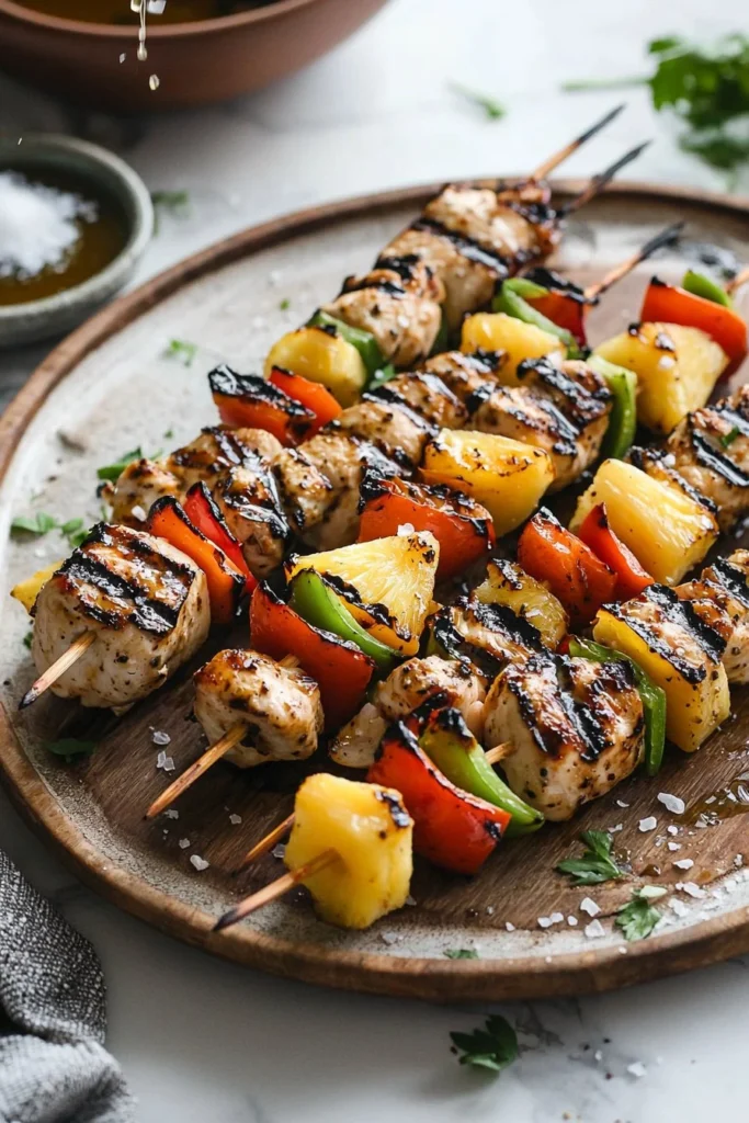 Grilled pineapple chicken kabobs served on skewers with colorful vegetables.
