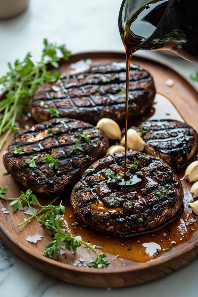 Grilled Portobello mushroom steaks served on a plate with herbs