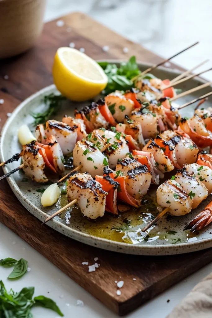Delicious grilled seafood skewers served on a plate with lemon and herbs.