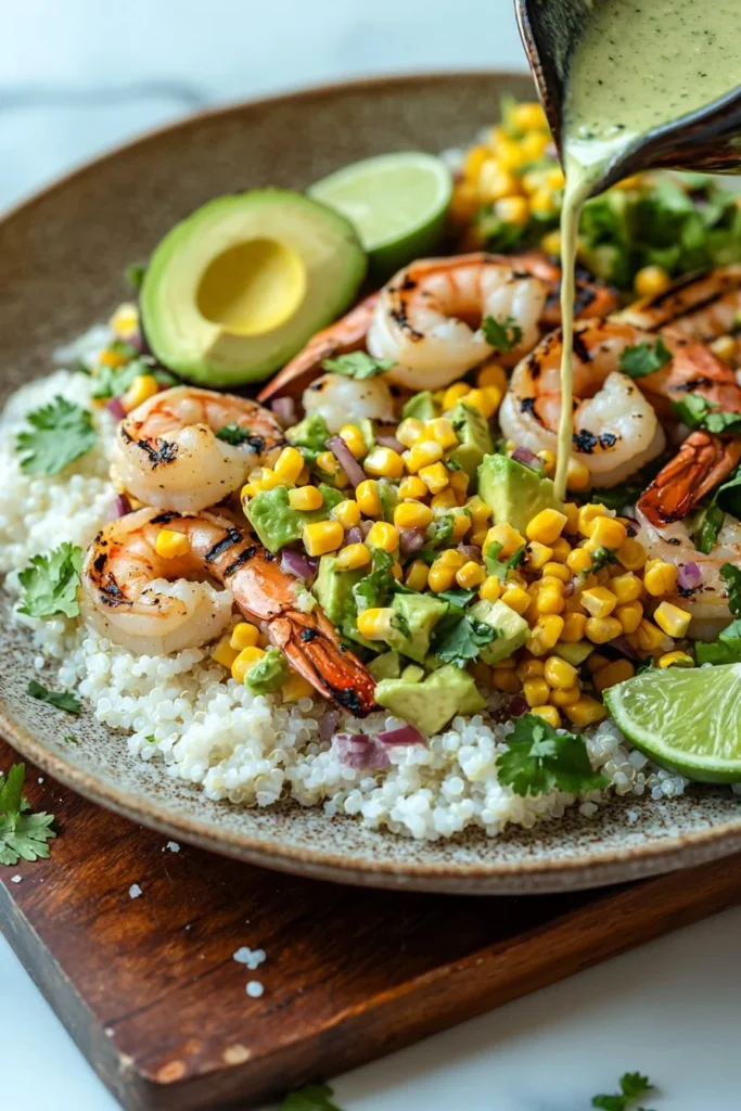 Grilled shrimp bowl with avocado and corn salsa served in a vibrant dish