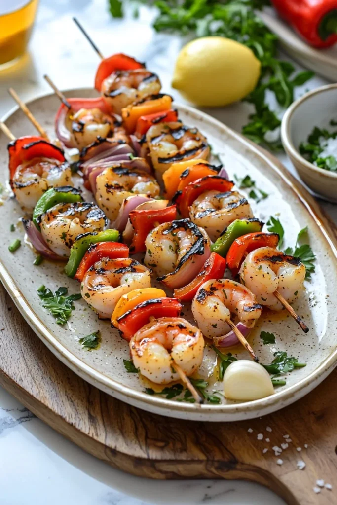 Delicious grilled shrimp kabobs on skewers, served with vegetables