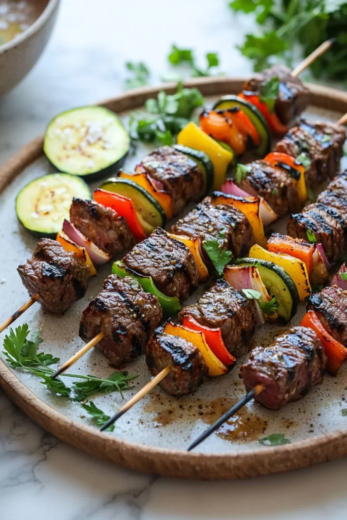 Delicious grilled steak kabobs on a barbecue grill