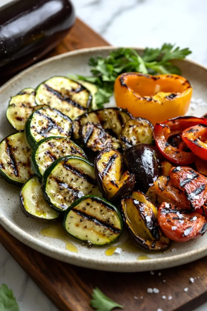 Colorful grilled vegetables on a platter, showcasing healthy summer cooking.