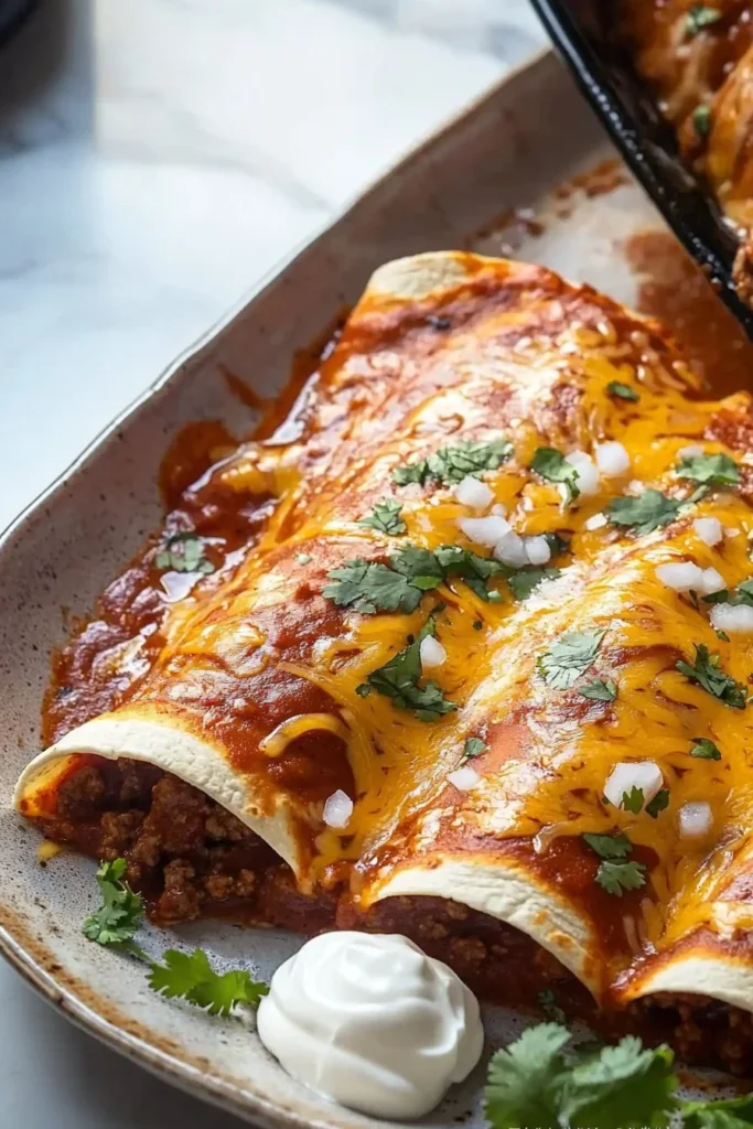 Delicious ground beef enchiladas topped with sauce and cheese