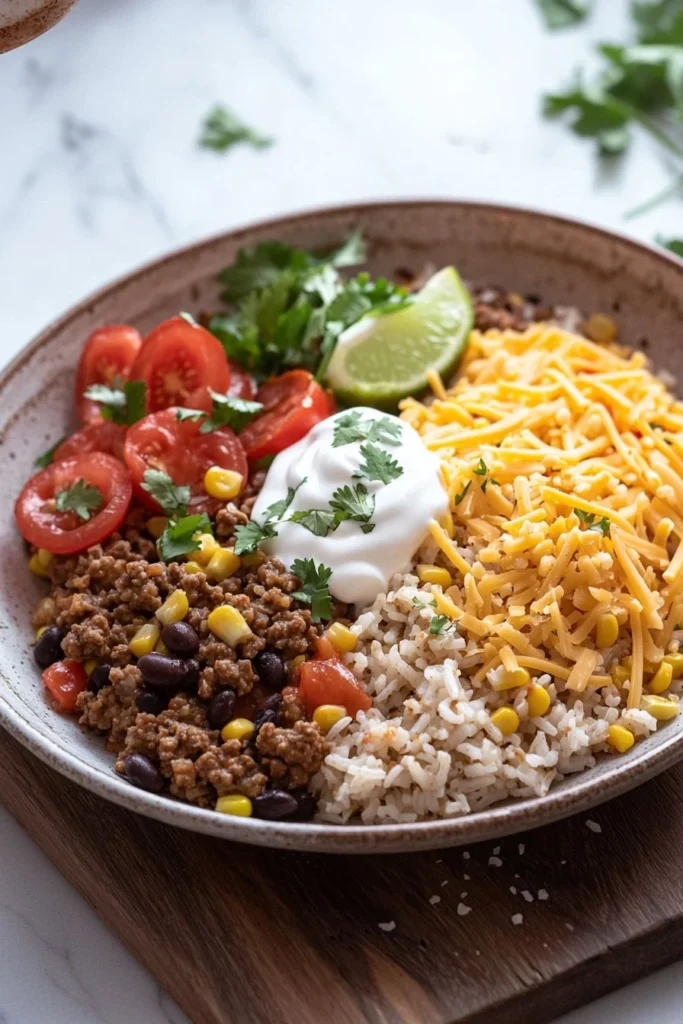 Delicious Ground Beef Taco Rice Bowl topped with fresh vegetables and cheese.