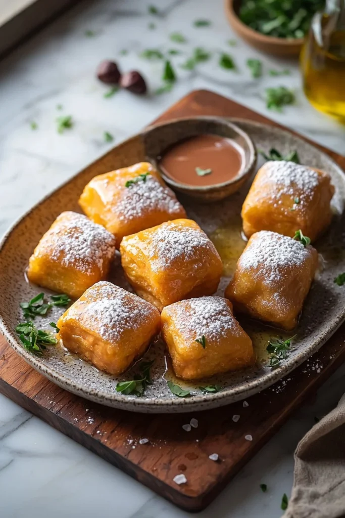 Freshly made Hazelnut Cream Beignets dusted with powdered sugar