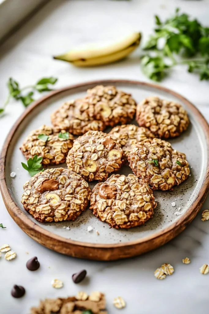 Healthy banana oatmeal cookies fresh out of the oven on a cooling rack.