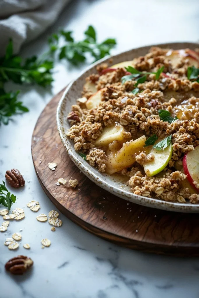 Healthy breakfast apple crumble with oats and fresh apples