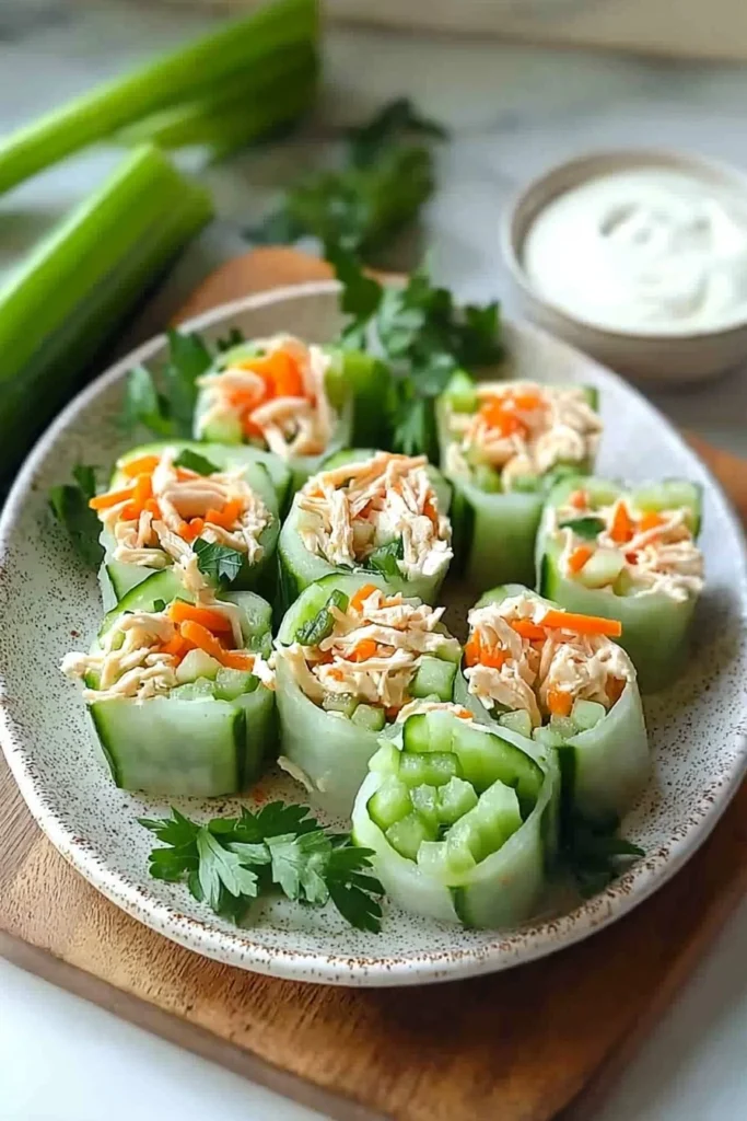 Healthy Buffalo Chicken Cucumber Rolls served on a plate with dipping sauce.