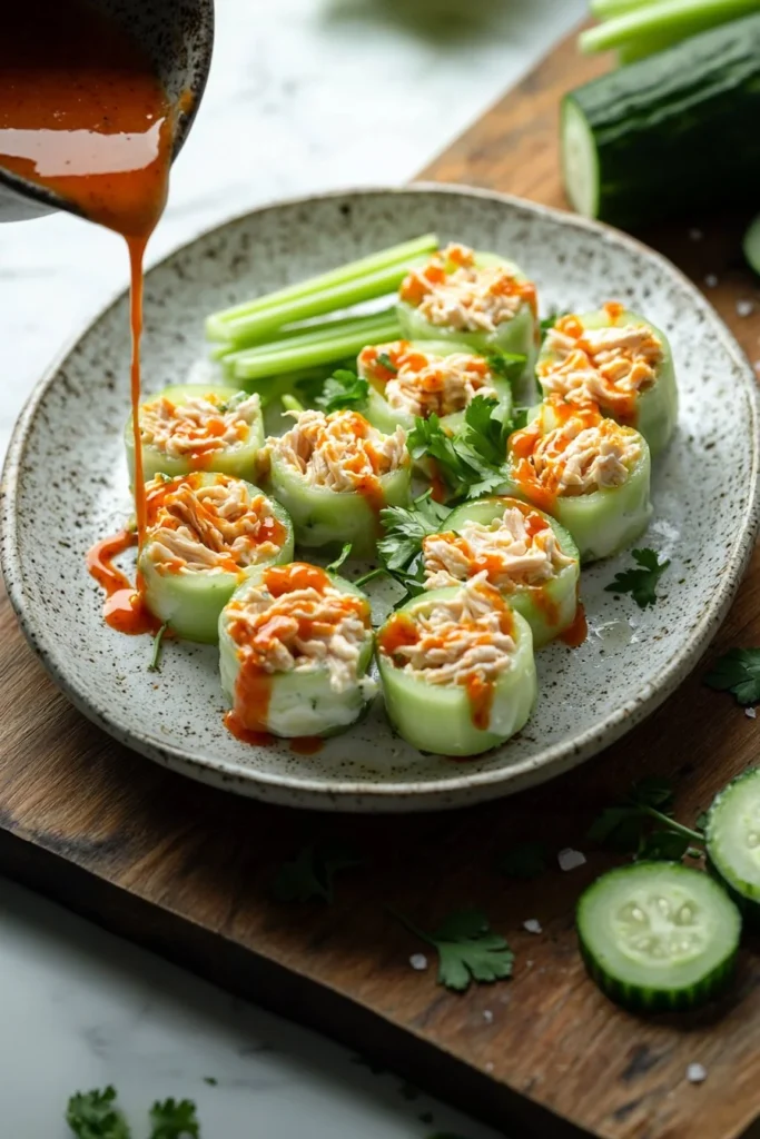 Healthy Buffalo Chicken Cucumber Rolls with fresh ingredients and creamy sauce