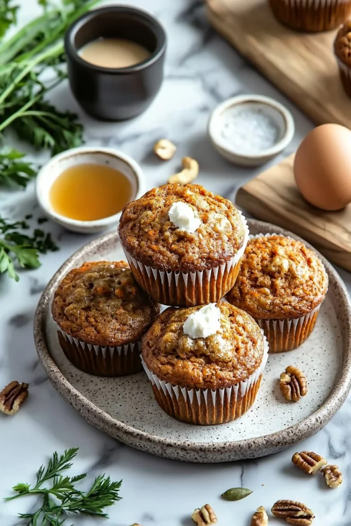 Healthy carrot cake muffins fresh out of the oven, topped with nuts and spices.