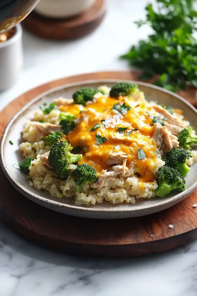 Healthy chicken cauliflower rice casserole served in a baking dish.