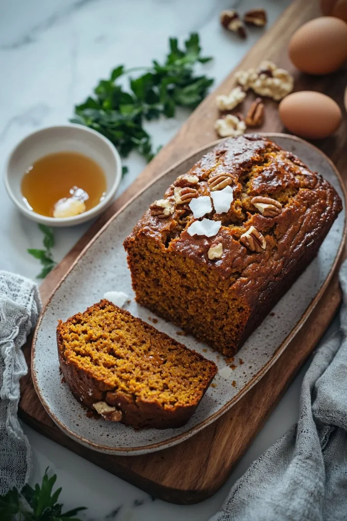 A slice of healthy pumpkin bread topped with walnuts and cinnamon on a wooden table