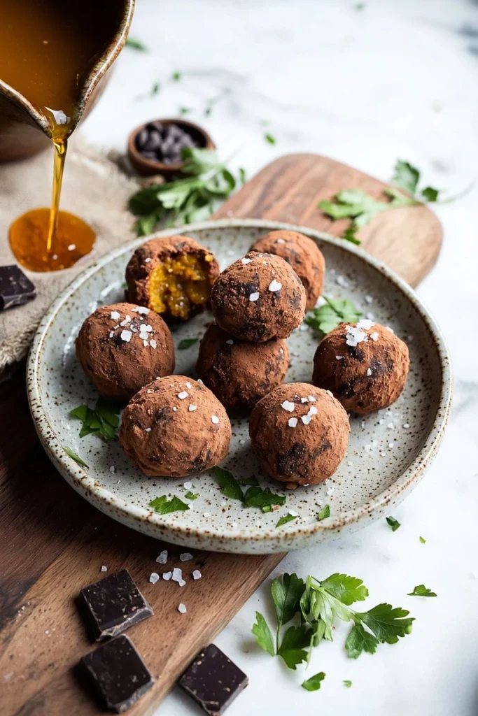 Delicious healthy pumpkin truffles in a rustic setting with autumn decor.