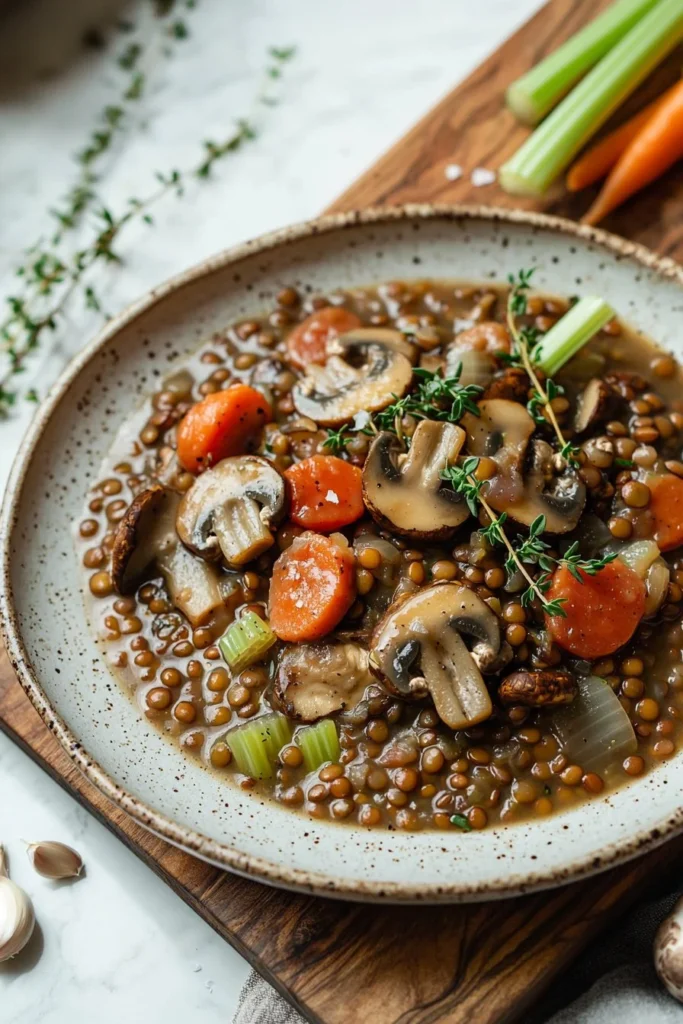Hearty vegan lentil mushroom stew in a bowl, rich in flavor and nutrition.