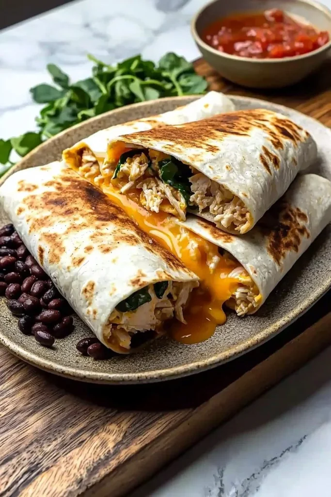 High protein breakfast burritos filled with eggs, beans, and vegetables