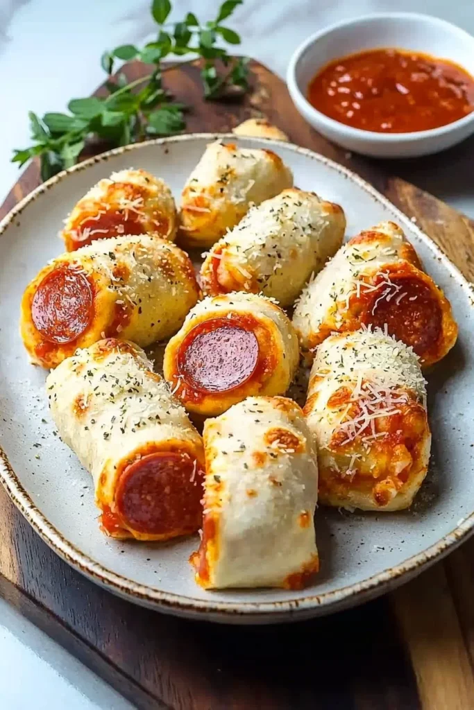 High protein pepperoni pizza rolls served on a plate