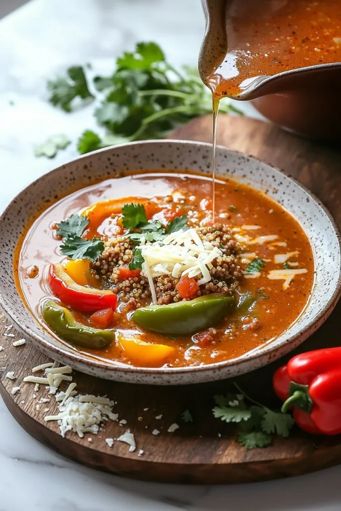 Bowl of high-protein stuffed pepper soup with colorful peppers and herbs