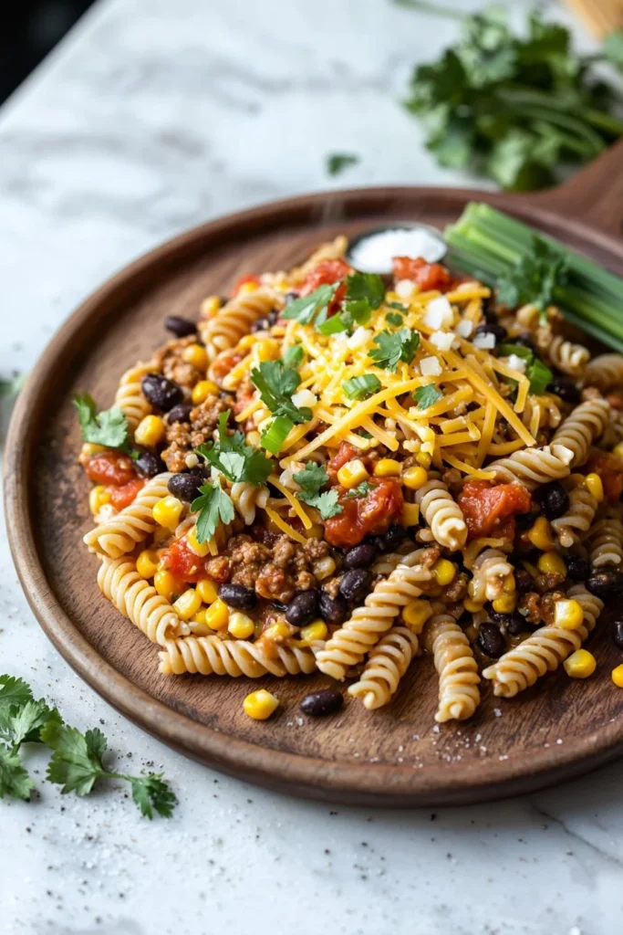 A delicious bowl of high-protein taco pasta topped with fresh ingredients.